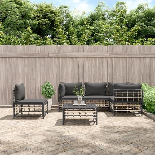 Hoopleep 6-TLG. Garten-Lounge-Set, Anthrazit Poly Rattan, Modulares Sofa für Terrasse, Außenbereich Möbel, Bequeme Sitzgruppe mit Kissen, langlebig