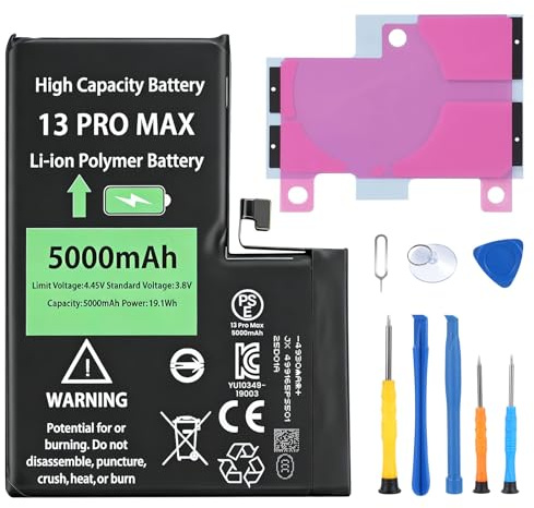 Battery Replacement for iphone 13 pro max for All-Day Pro Creation, 5000mAh High Capacity 0 Cycle Lithium Polymer with Repair Tools for Heavy Users (A2484/A2641/A2643)