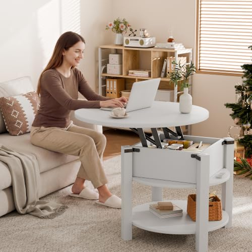 ELUCHANG Couchtisch Rund mit Hebeplatte, Couchtisch Höhenverstellbarer 2 in 1, Beistelltisch Wohnzimmertisch mit Verstecktem Ablagefach Stauraum, Offenem Fach, für Wohnzimmer/Büro, 60x60cm, Weiß
