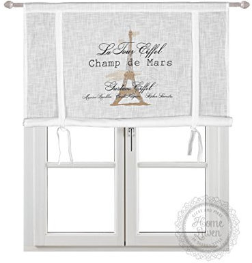 Scheibengardine Raff Gardine Raffrollo Vorhang 'Eiffel' 140 x 120 cm (BxH) weiß mit Stempel Aufdruck in beige schwarz Baumwolle Landhaus Shabby French Vintage Retro Antik Nostalgie