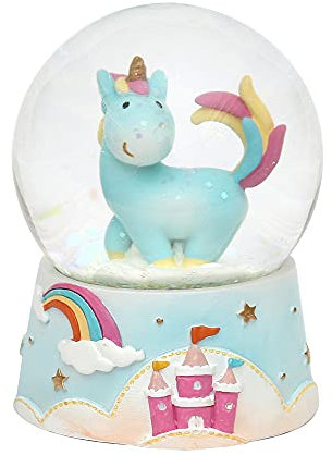 Dekohelden24 Schneekugel Einhorn in blau, Maße H/B/Ø Kugel: ca. 9 x 6,5 cm/Ø 6,5 cm.