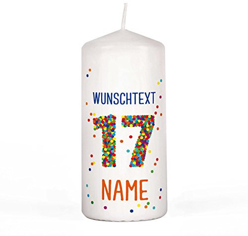 Herz & Heim® Geburtstagskerze - Konfetti - mit Namen und Wunschtext 17. Geburtstag