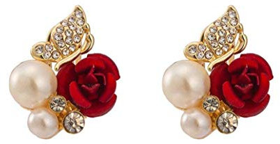 PULABO Orecchini da donna a forma di farfalla con perle finte rosa rosa e cristalli rossi ecologici e pratici, Perla Cristallo