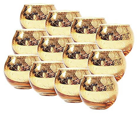 HELTER Lot de 12 bougeoirs ronds en verre mercure pour bougies chauffe-plats Doré
