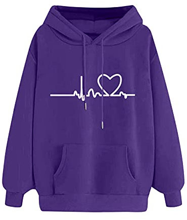 Briskorry Felpa da donna in tinta unita con cappuccio, a maniche lunghe, a forma di cuore, con stampa comoda, per il tempo libero, viola-3., L