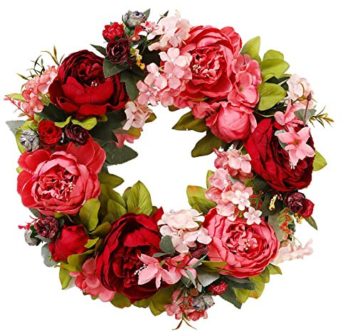 NZXVSE Künstlicher Pfingstrosen-Blumenkranz, 40,6 cm, rote Seidenblume, Türkranz, Frühlingssommer, grüne Blätter, für den Außenbereich, Hochzeit, Wand oder Fensterdekoration, 15.7 inch