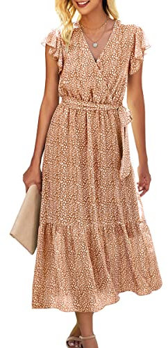 ASOMI Kleid Damen Sommer Boho: Blumen Herbst Wickelkleid Frühling Mode Lang Maxikleid V-Ausschnitt Casual Kurzarm Strandkleid Langarm Rüschen Freizeitkleid mit Gürtel 121 Kaffee 36