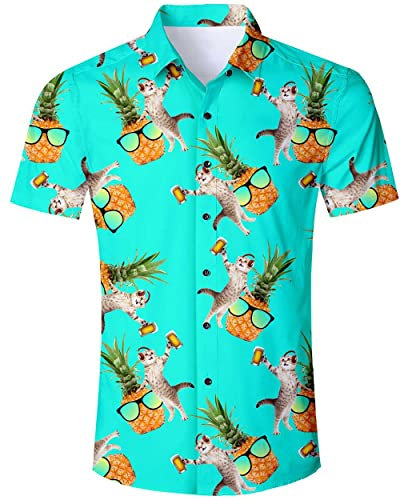 ALISISTER Camisa Hawaiana Hombre Manga Corta con Estampado Piña Gato Camisa Luau de Hawai Tropical Hombres Casual Retro Aloha Holiday Button Down Vacation Shirts M