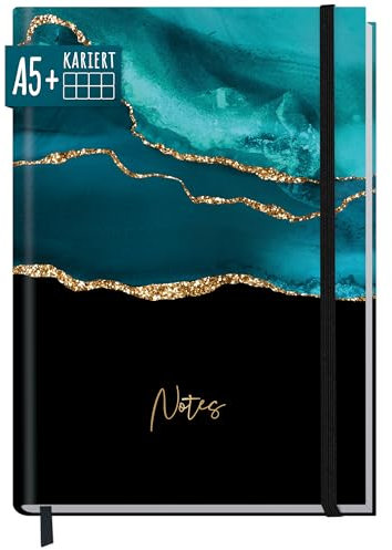 paper&you® Notizbuch A5+ kariert mit Gummiband Shiny Teal 156 Seiten, 78 Blatt, als Bullet Journal, Tagebuch, Notizheft - nachhaltig & klimafreundlich