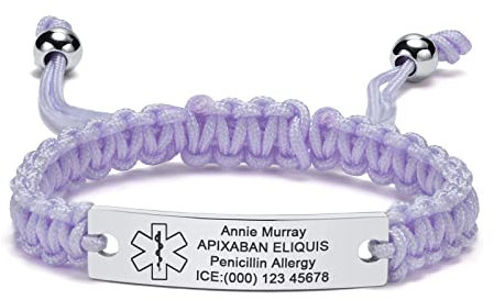 FLHEART Personalised Medical Bracelet for Women - Free Engraving Handmade Adjustable Braided Rope Emergency Identification Wristband for Women Men Customised Medic Alert Bracelets,Purple