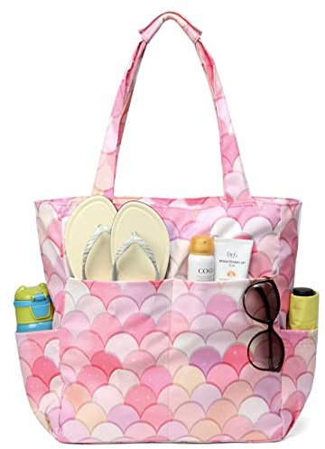 Kasgo Borsa Mare, Spiaggia, Donna, Grande da Piscina Leggero con Comodi Manici, Chiusura Cerniera Antisabbia, Tote Bag per Palestra Viaggio Shopping Scuola, Squame Rosa