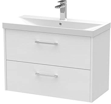 Hudson Reed JNU2126D Juno Modern Bathroom Wall Hung 2-Drawer Vanity with Thin-Edge Ceramic Basin, 800mm, Woodgrain White Ash