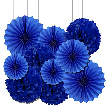 Vsosfiza Blue Hanging Paper Fan and Tissue Paper Pom poms(10 Pieces)