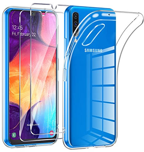 Phoona HandyHülle für Samsung Galaxy A50 Hülle mit 2 Stück Panzerfolie,Dünne Weiche TPU Silikon Transparent Stoßfest Schutzhülle für Samsung A30S/A50S Hülle Klar Kratzfest