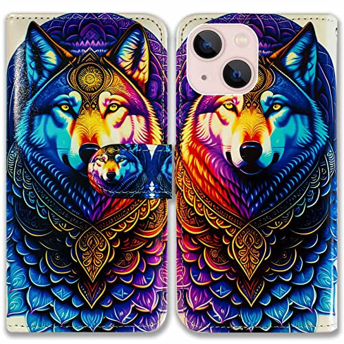 Bcov iPhone 14 Case,Floral Wolf Mandala Leather Flip Phone Case Wallet Cover with Card Slot Holder Kickstand for iPhone 14