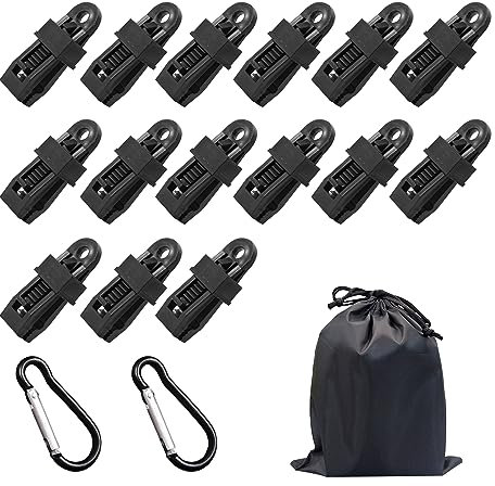 15 PCS Tent Clips, 2 PCS Carabiners, 1 Pc Storage Bag, Outdoor Sports Equipment, Camping Clips, Drying Rack, Waterproof Plastic Sunshade Clips for Tent Tarp Clips, Car Cover Clips (Black)