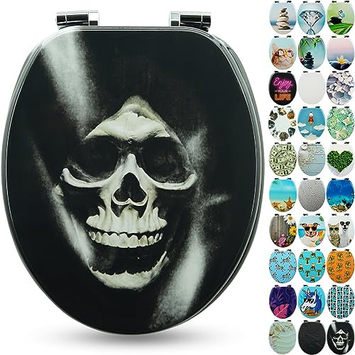 Sanfino® Premium Abattant WC en bois avec frein de chute, qualité supérieure, nombreux motifs colorés, confortable, installation facile, notice de montage incluse – Skull