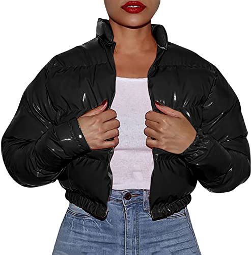 QUINTRA Frauen- - und Winter-Baumwollmantel Shiny Metal Short Cotton Coat Warnschutzjacke Damen (Black, M)