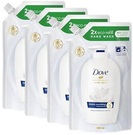 Dove Moisturising Eco-Refill for Liquid Hand Wash Effective Antibac Cleansing for 24H Nourishment and Instantly Soft Skin 500ml, 4 Pack