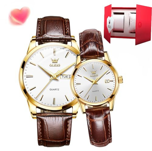 OLEVS Paar Quarzuhren, leuchtender Kalender, Datumsfenster, 3 ATM wasserdicht, lässig, Edelstahl, für Sie und Ihn, Armbanduhr für Männer, Frauen, Liebhaber, Hochzeit, romantisch, G6898, weißes