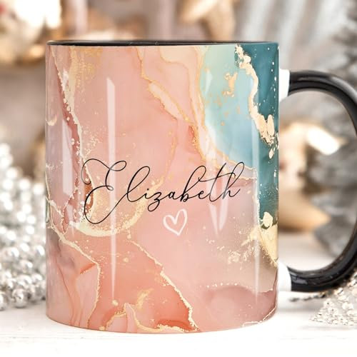 The Whistling Wren Personalised Peach Mug with Name, Marble Effect Coffee Cup, Personalised Marble Mug & Coaster Set