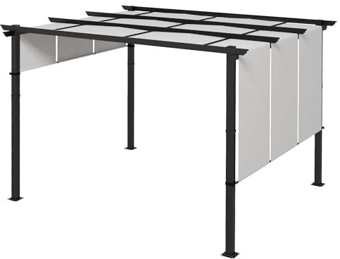 Outsunny Pergola avec 3 Toiles coulissantes 3,5 x 3 x 2,35 m Structure Acier Noir Toile Polyester Haute densité Gris Clair
