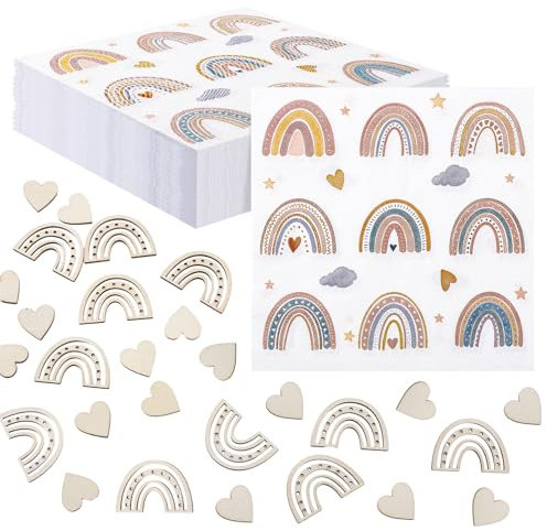 Yamitora 40 Stück Boho Regenbogen Servietten, Taufe Servietten, Kommunion Papierservietten Kindergeburtstag mit Holz Konfetti Geburtstag Tischdeko für Jungen/Mädchen Geburtstag Party Tischdeko