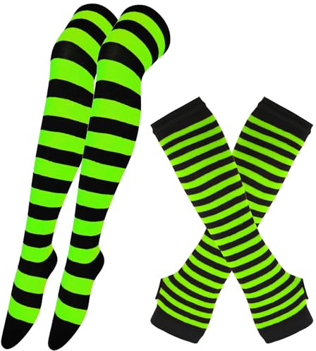 Lange Kniestrümpfe Armwärmer Set für Damen,Fingerlose Handschuhe Lange Strümpfe Herbst Winter,Armstulpen,Beinwärmer,Thigh High Socks,für Yoga,Laufen,Party,Festival,Streifen Fluoreszierendes Grün