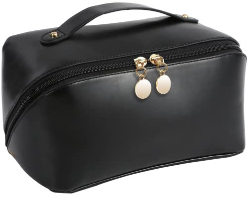 TOPALL Kosmetiktasche Reise Damen,Beauty Case PU Leder,Groß Make Up Tasche,Portable Schminktasche Kulturtasche Organizer mit Kapazität für Reisezubehör Travel Essentials Women(Smooth Black)