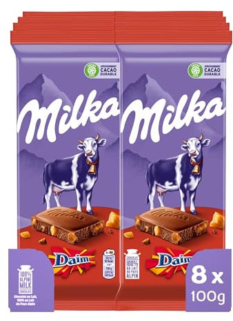 MILKA - 8 Tablettes de Chocolat au Lait Milka Daim 100g - Chocolat au Tendre Lait du Pays Alpin et Daim - Lot de Tablettes de Chocolat Milka Daim - Lot de 8x100g