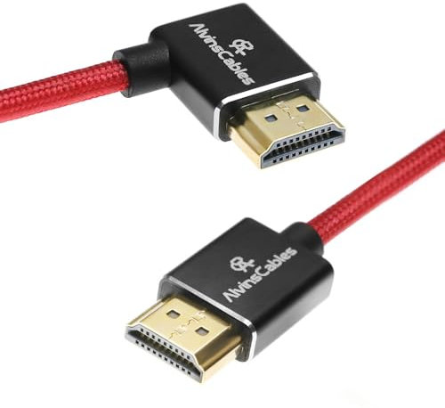 Alvin's Cables Câble spirale tressé 8K HDMI 2.1 haute vitesse 8K à 60Hz 4K à 120Hz pour Atomos Ninja, pour Feelworld, pour Sony FS5 FS7 FX9, BMPCC, pour Canon C300 C500, Rouge à angle droit