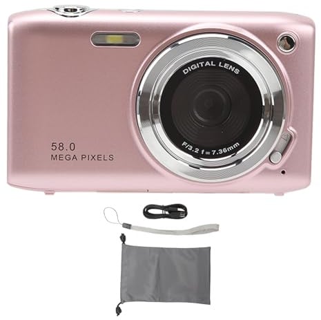 HWGING Digitalkamera, 2,88-Zoll-Bildschirm, 58 MP, 4K HD, 16-facher Zoom, Festbrennweite, Makro, Zeitgesteuerte Fotografie, Digitale Videokamera (Rosa)