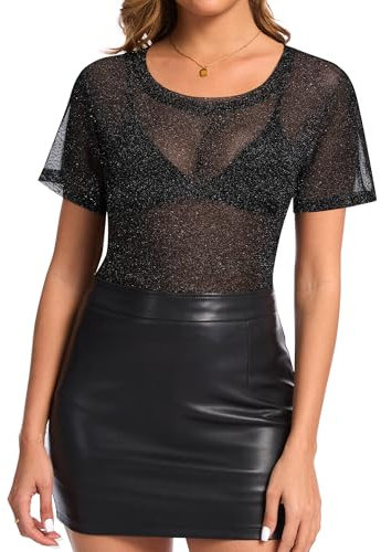 Kiiwah Camiseta Transparente Mujer, Glitter Transparente Mesh Top Blusa Sexy Manga Corta Tops de Malla Elegante Camiseta de Malla Rejilla Negra Casual Clubwear Pullover