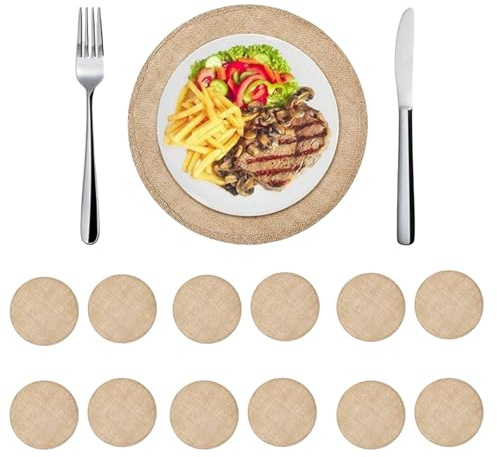 HSTWODE Runde Platzdeckchen Jute-Tischsets 32cm Pflegeleicht Abwaschbar Geflochtene Platzsets für Küche Speisetisch, Party Dekor (12)