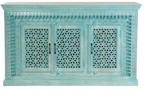 Sideboard Santosh indische Kommode aus Mangoholz mit floralen Schnitzereien Oriental Schlafzimmer Türkis 165cm