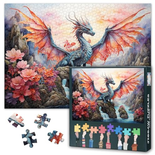 Dragon Jigsaw Puzzles for Adults 1000 Pieces, Winged Dragon Puzzle Back No Dust, Pink Landscape Home Decor Birthday Party Challenging Puzzles for Cognitive Workout 27.5 x 19.6