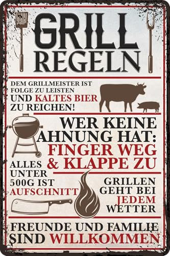 Großes 30 x 40 cm Blechschild, Wandschild, Türschild für Grill Fans, lustiger Spruch, Grill Regeln, BBQ, Küchen Schild