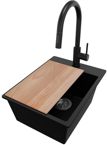 PRIMAGRAN Evier Cuisine en Granit Noir 38x50cm, Lavabo 1 bac + Kit de Vidage + Robinet 40x20cm + Planche à Découper, Évier à Encastrer au meuble 40cm - Riga