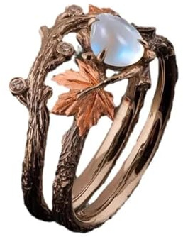 Hasdnker Ring Ringe Damen Bijouterie Herren Nischendesign Für Frauen Und Mädchen, Ringe Im Vintage-Stil, Baumzweig, Ahornblatt Mit Funkelndem Mondstein-Ring, Urlaubsparty-Zubehör