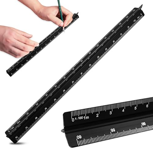 Dreikantmaßstab, 30cm Maßstabslineal Aluminium Maßstab Lineal für Architekten, Studenten, Zeichner und Ingenieure, Schwarz(1:100, 1:200, 1:250, 1:300, 1:400, 1:500)