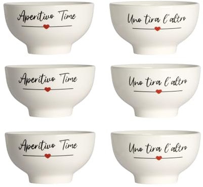 Tata Home Set 6 Ciotole per Aperitivo in Porcellana Bianca con Scritte Shabby Chic Ciotoline per Salsa Snack Patatine Accessori Aperitivo Misura Medium 14x7,5 cm Mod. HappyLove