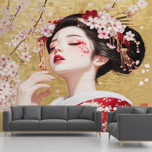 Papier Peint Japonais Geisha 350x256 cm - Fleurs de Cerisier Papier Peint Intissé Adhésif Panoramique Déco Mural - pour Salon Chambre D'Enfant Décoration Murale