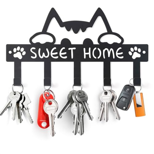 Yankario Key Holder Hooks Wall Mounted Organizer Hanger Rack, Cat Sweet Home Wall Metal Decor for Entryway Front Door Kitchen Hallway Garage Mudroom Office