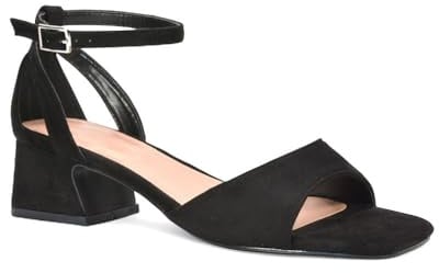 ESSEX GLAM Women's Ankle Strap Block Low Heel Sandals Ladies Cut Out Square Toe Black Faux Seude Buckle Strappy Party Shoes Size 4