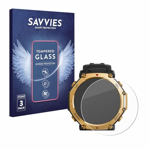 Savvies Schutzglas für Huami Amazfit T-Rex 3 Pro | (48 mm) 3 Stück Transparenter Displayschutz Made in Germany 9H Hartglas Klares Echtglas Panzer Schutz Glas Einfache Montage