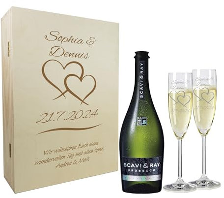 laser-diele Geschenk zur Hochzeit – Sekt Geschenksets – Sektglas mit Gravur – Geschenke für Paare – Sekt – Zwei Herzen