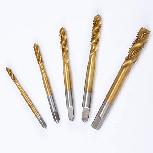 KATUR Lot de 5 tarauds hélicoïdaux métriques en acier rapide avec revêtement en titane M3 M4 M5 M6 M8 - Tige carrée - Filetage hélicoïdal - Outil de perçage composite (rainure en spirale)