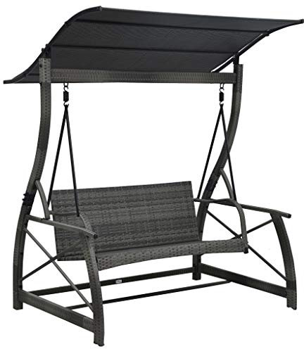 Festnight Hollywoodschaukel 3-Sitzer mit Dach Gartenschaukel mit Sonnenschutz Schaukel Stuhl 3 Sitz Swinging Hängematte Poly Rattan Grau 167 x 130 x 178 cm