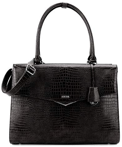 Socha Laptoptasche Damen/Businesstasche Frauen/Aktentasche mit Tragegurt - Elegant - Extra leichte Synthetik Kroko - Silver Tip Black - 15.6 Zoll Schwarz