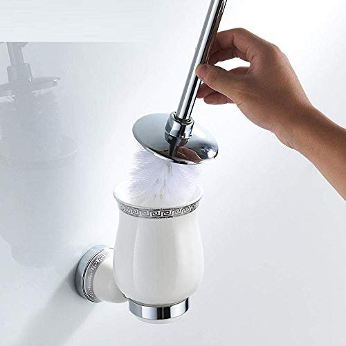 WLVG Brosse de Nettoyage de Toilette Supports de Brosse de Toilette Base chromée Tasse en céramique Murale Ronde Porte-Brosse de Toilette Accessoires de Salle de Bain en Aluminium Brosse de WC